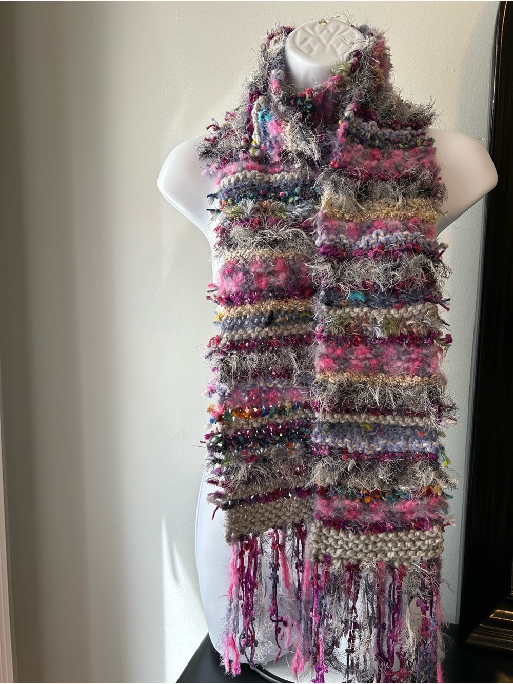 Handcrafted Multicolor Fuzzy Knit Scarf with Pink Accents